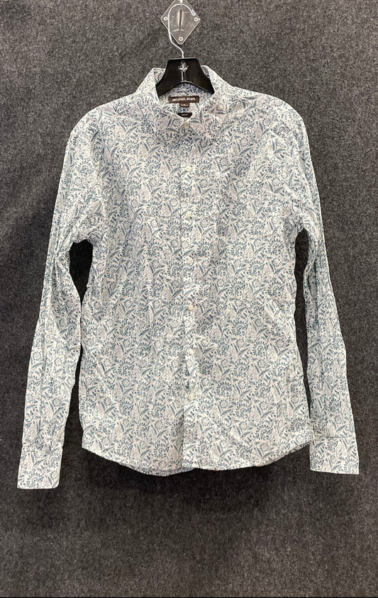 Michael Kors Men's White Aqua Blue Floral Print Slim Fit Button Down Shirt Sz M