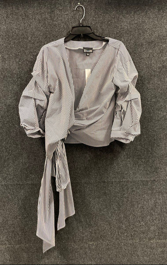 NY&C 7th Ave Women's Black Striped Wrap Blouse Tie Waist Puff Sleeve Sz L NWT
