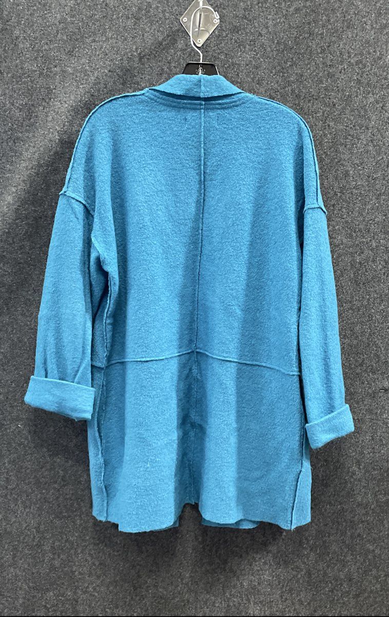 Tahari Women's Blue Open Front Cardigan Sweater Boiled Wool Look Raw Seam Sz M