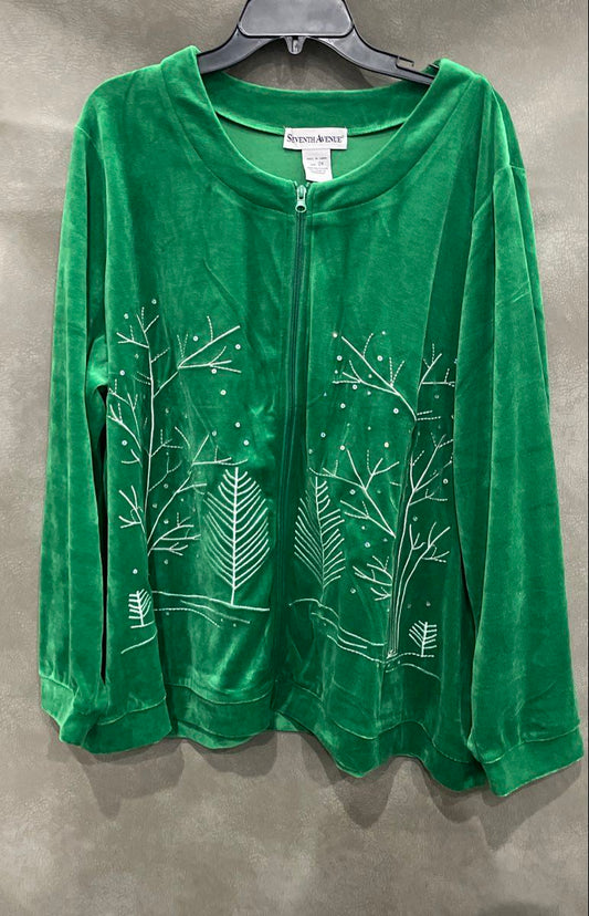 Seventh Avenue Women's Green Velour Full Zip Embroidered Sequin Jacket Sz 2X