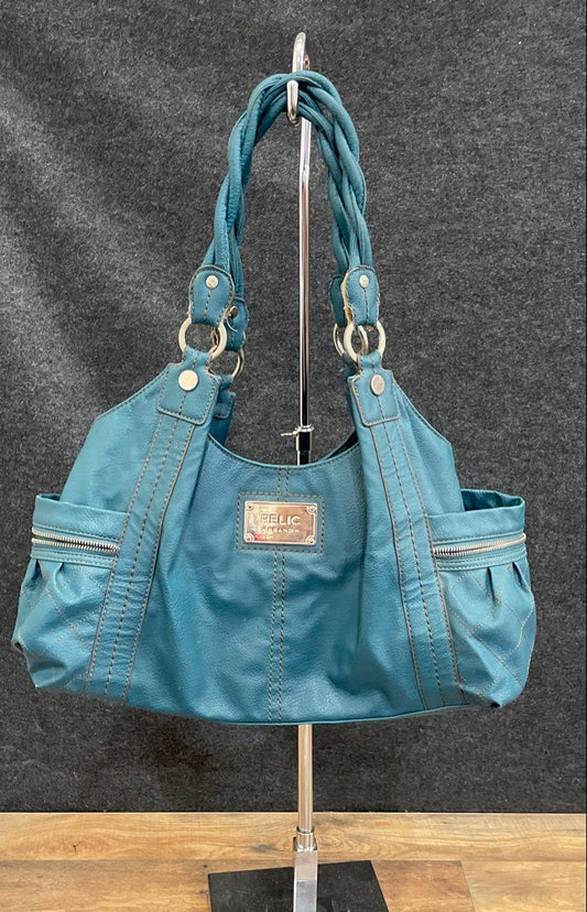 Relic Teal Faux Leather Braided Handle Shoulder Bag Large Quilted Side Pockets
