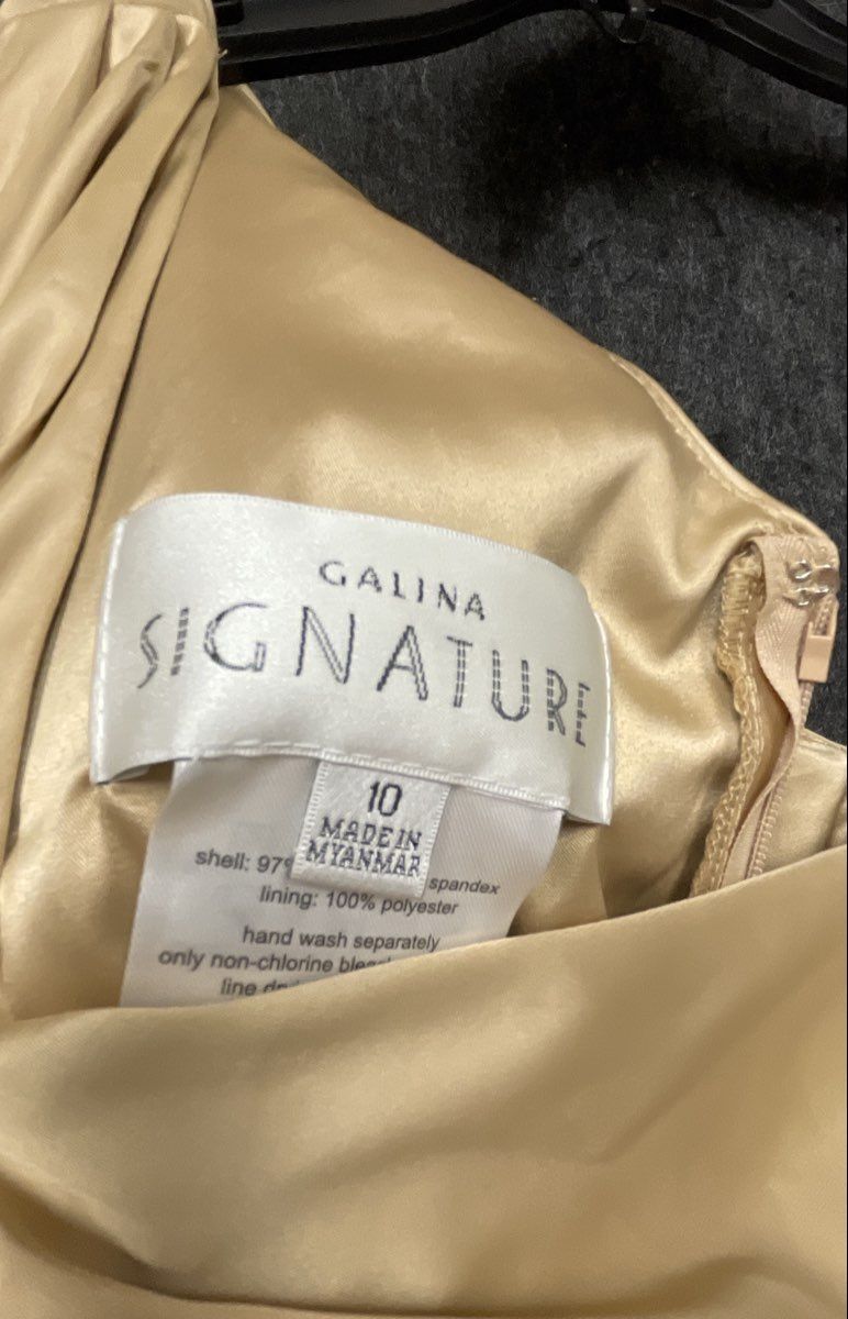 Galina Signature Women's One Shoulder Satin Gown Champagne Ruched Sz 10