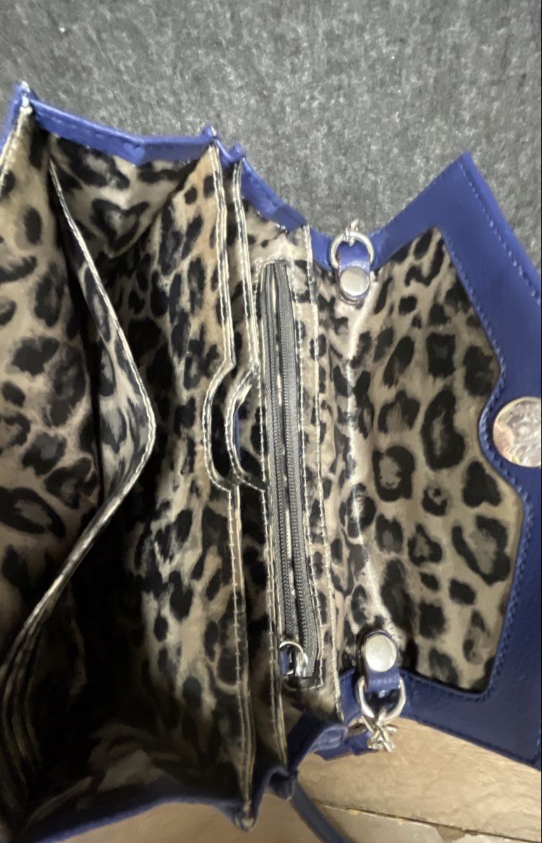 Tignanello Blue Leather Mini Crossbody Wallet Bag Leopard Lining Silver Hardware