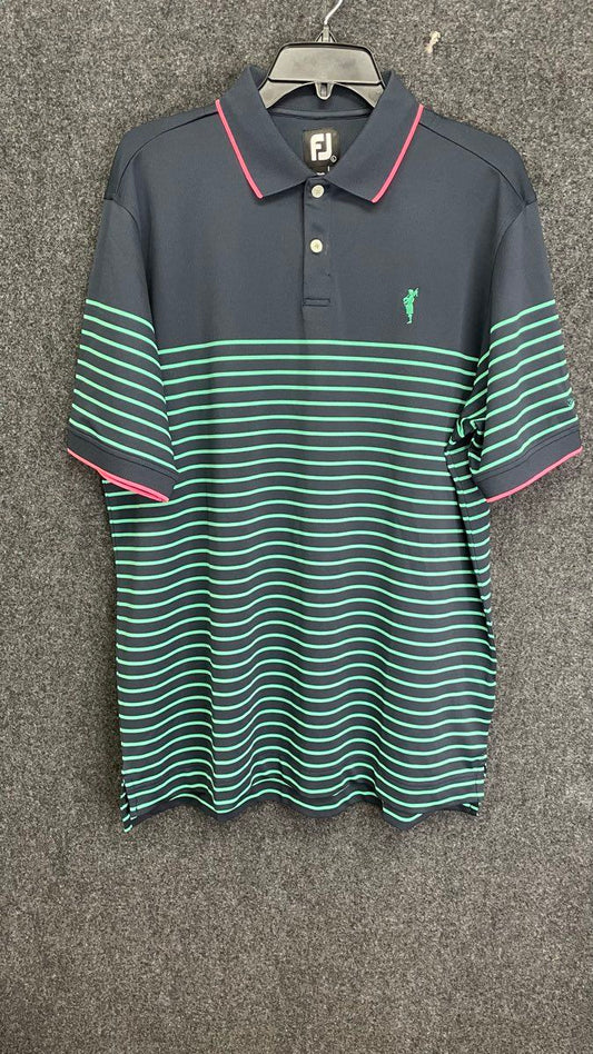 FootJoy Men's Polo Shirt Navy Blue Green Striped Spanish Bay Performance Sz L