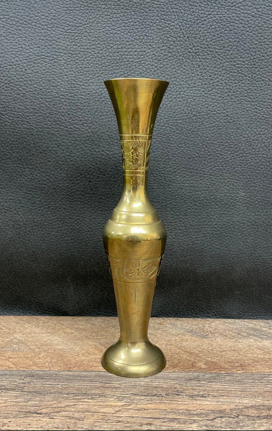 Vintage Hand Etched Brass Bud Vase 7" Tall Floral Pattern Decorative