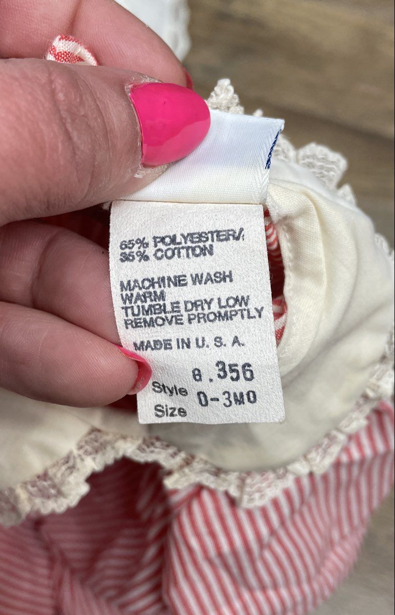 Vintage 80s Bryan Baby Dress Set Red White Striped Lace Pinafore USA Sz 0-3M