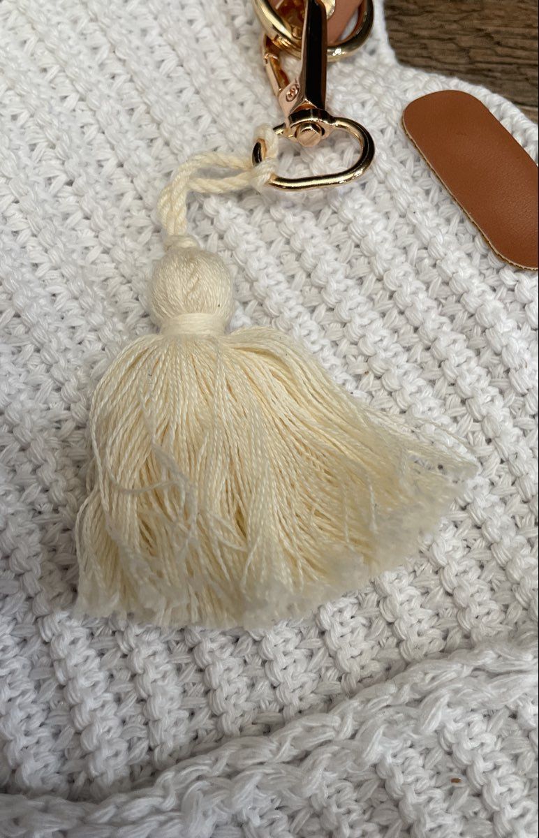 Unbranded White Woven Cotton Tote Bag with Tassel Gold Hardware