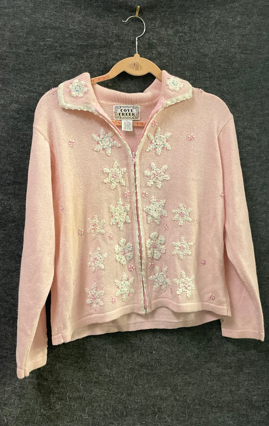Cove Creek Women's Pink Snowflake Beaded Zip Cardigan Sweater Sz L