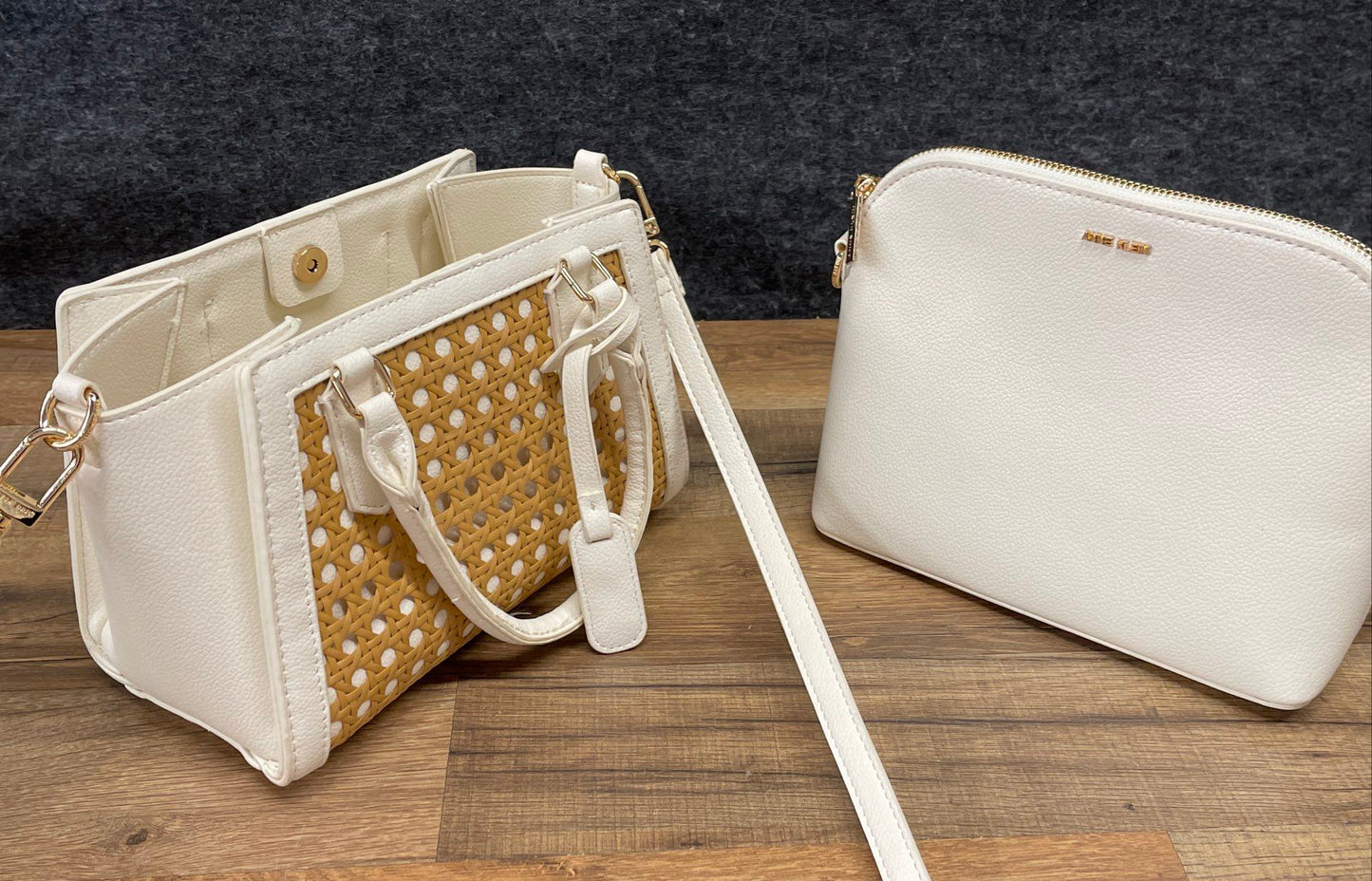 Anne Klein White Woven Cane Satchel & Crossbody Bag Set Gold Hardware 2-Piece