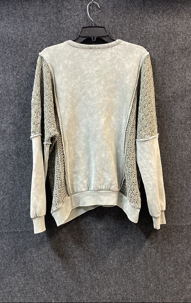 BKE Women's Dusty Olive Crochet Knit Mixed Media Crewneck Sweater Sz S NWT
