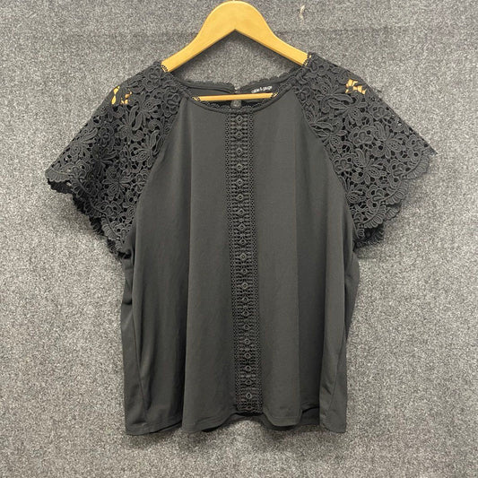 Cable and Gauge Women's Black Short Sleeve Blouse Crochet Lace Trim Top Size XL