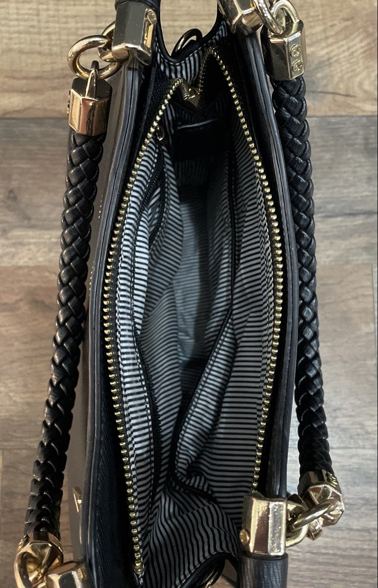 Miztique Black Leather Braided Handle Satchel Handbag Gold Hardware