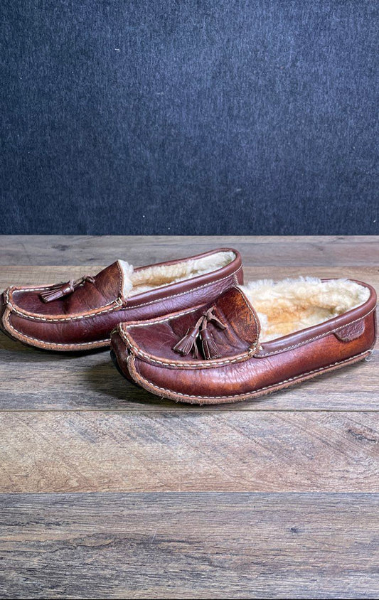Cabela's Shearling Lined Brown Leather Tassel Moccasin Slippers Men's Size 10D