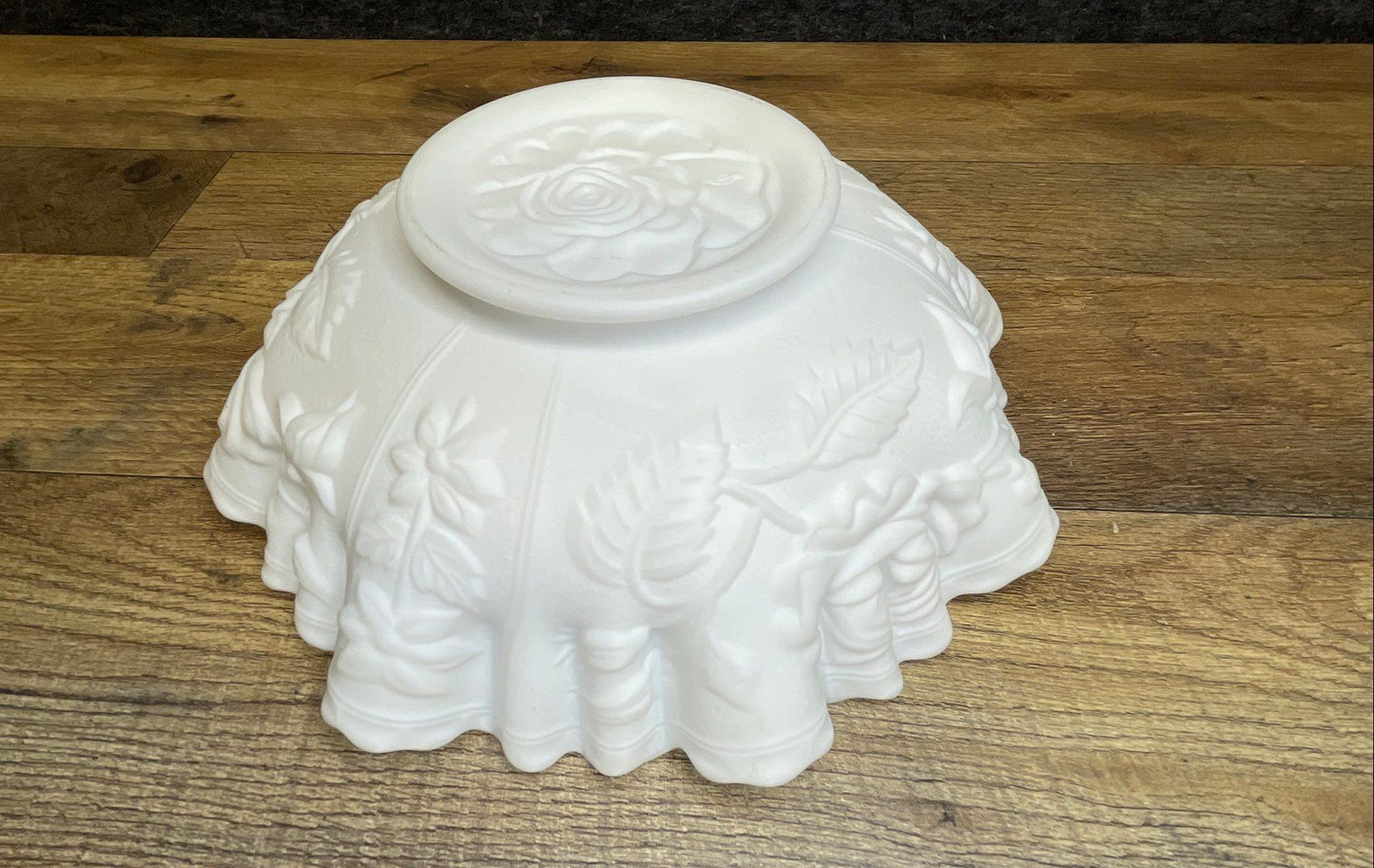Satin Glass White Rose Pattern Ruffled Bowl 9 Inch Vintage
