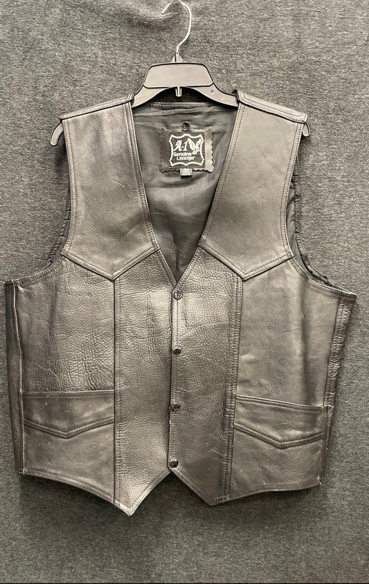 A-1 Men's Black Genuine Leather Western Biker Motorcycle Snap Front Vest Sz 48