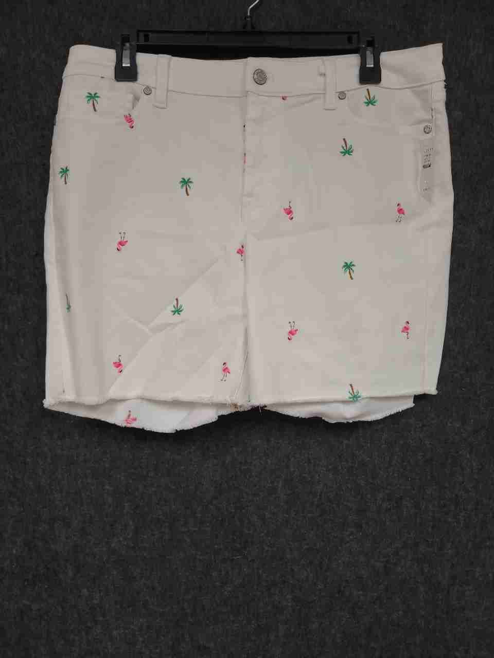 Talbots Women's White Denim Shorts Embroidered Flamingo Palm Raw Hem Sz 10 NWT