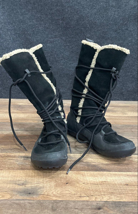 Clarks 80031 Black Suede Faux Fur Lined Lace Up Mid Calf Boots Women's Size 7