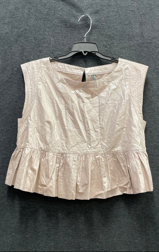 Anthropologie Women's Metallic Champagne Peplum Sleeveless Blouse Pom Pom Sz S