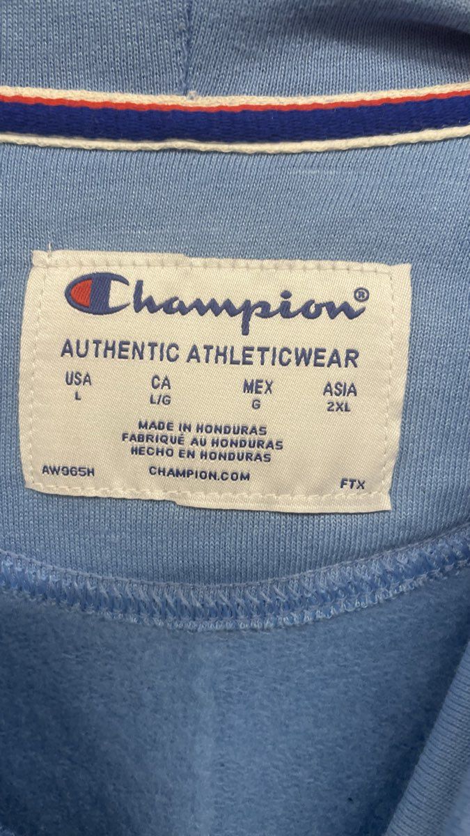Champion Men's Light Blue Funnel Neck Raglan Script Hoodie Size L
