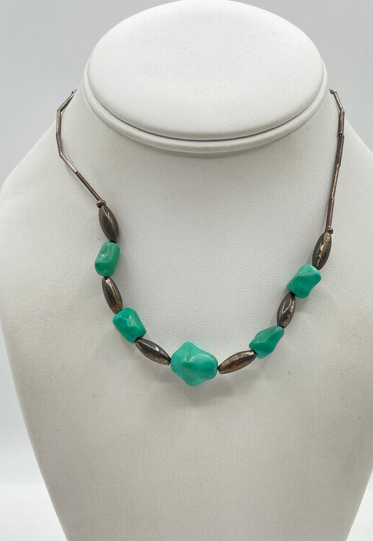 925 Sterling Silver Turquoise Barrel Tube Bead Southwestern Style Necklace 12.3g