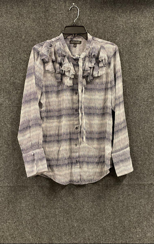 Banana Republic Women's Blouse Blue White Stripe Ruffle Tie Neck Size M