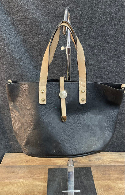 Black Faux Leather Tote Bag Beige Shoulder Straps Gold Tone Hardware
