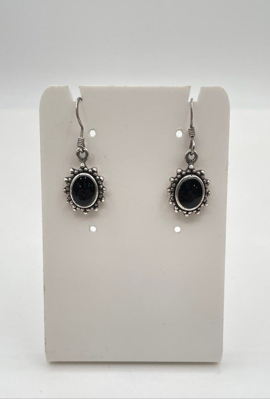 925 Sterling Silver Oval Black Onyx Inlay Granulated Dangle Earrings 6g