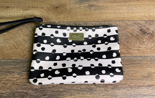 Betsey Johnson Luv Betsey Black White Striped Polka Dot Wristlet Pouch Gold Logo