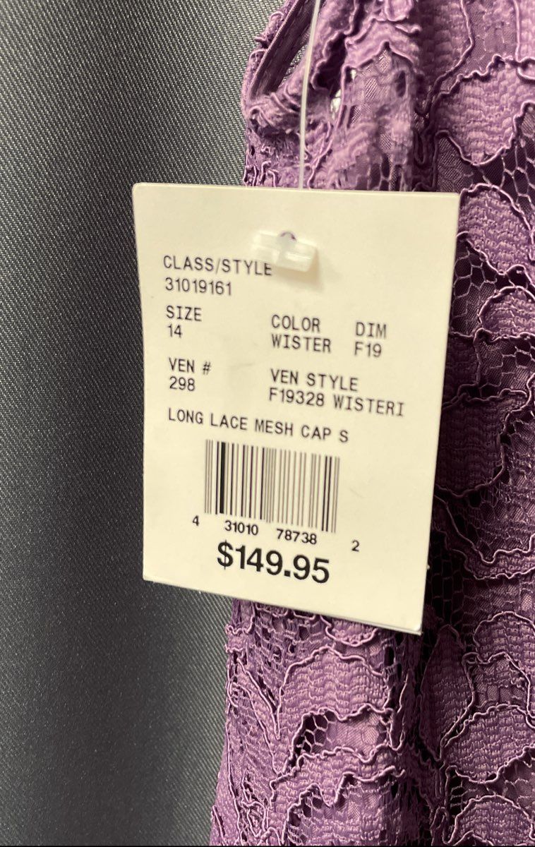 David's Bridal Women's Purple Lace Mesh Cap Sleeve Maxi Dress Sz 14 NWT