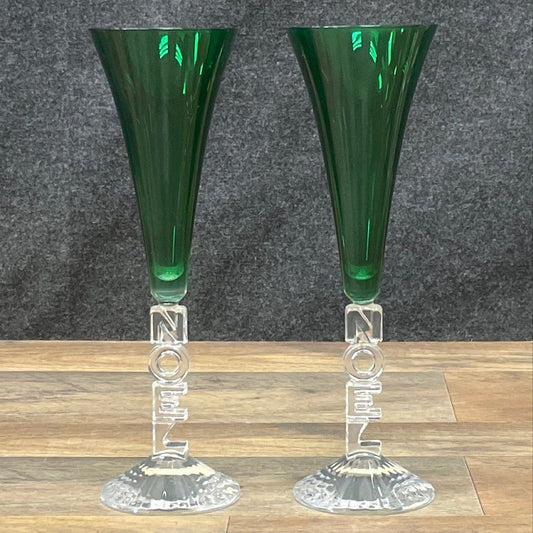 Cristal d'Arques Noel Green Champagne Flutes Pair Vintage Holiday Glass