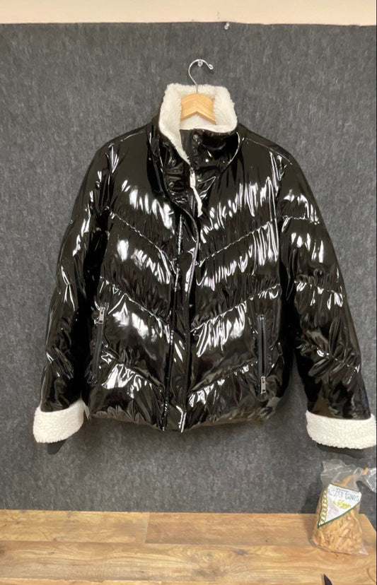 G.I.L.I. Women's Black Glossy Chevron Puffer Jacket Sherpa Lined Sz L