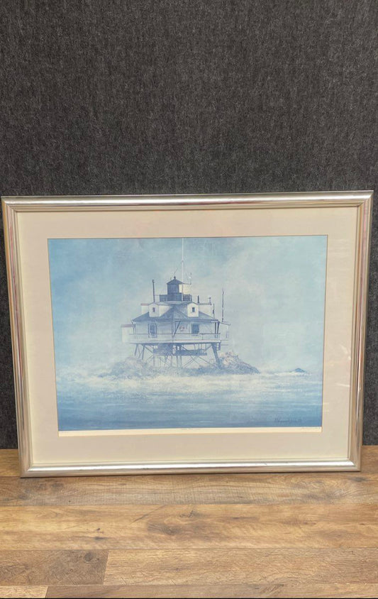 David Knowlton Signed Lighthouse Seascape Print 24x29 Vintage Framed Art