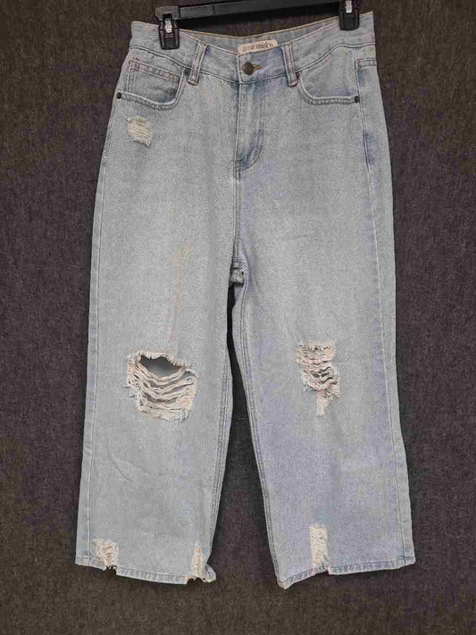 Great Smoky Women's Light Wash Distressed High Rise Wide Leg Cropped Jeans Sz M