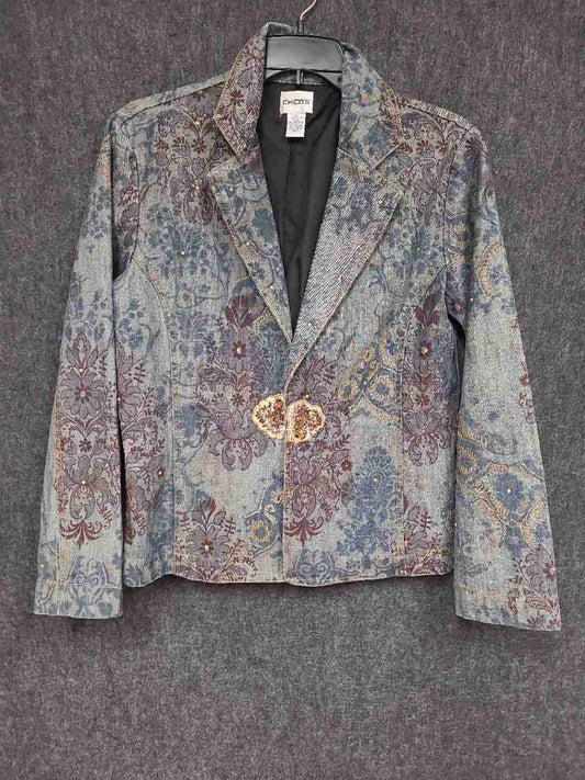 Chico's Women's Blue Paisley Tapestry Jacket Beaded Clasp Metallic Sz 1