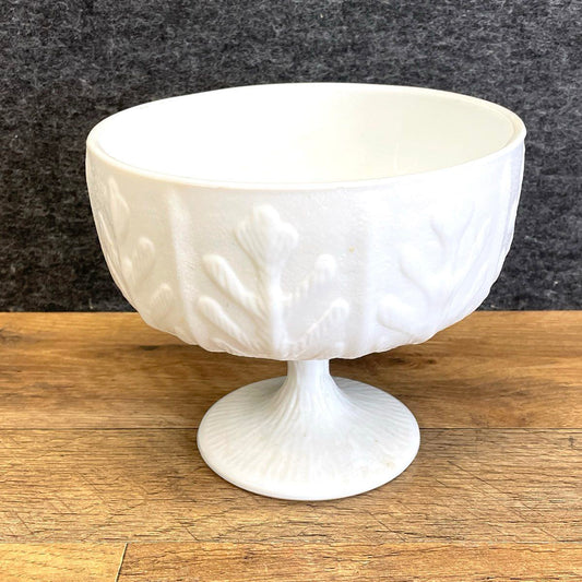Vintage Embossed Leaf Milk Glass Pedestal Bowl Compote 6.5" Mid-Century