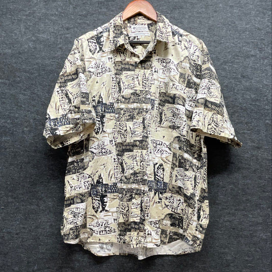 Columbia Men's Vintage 90s Fish Print Short Sleeve Button Up Shirt Tan Black XL