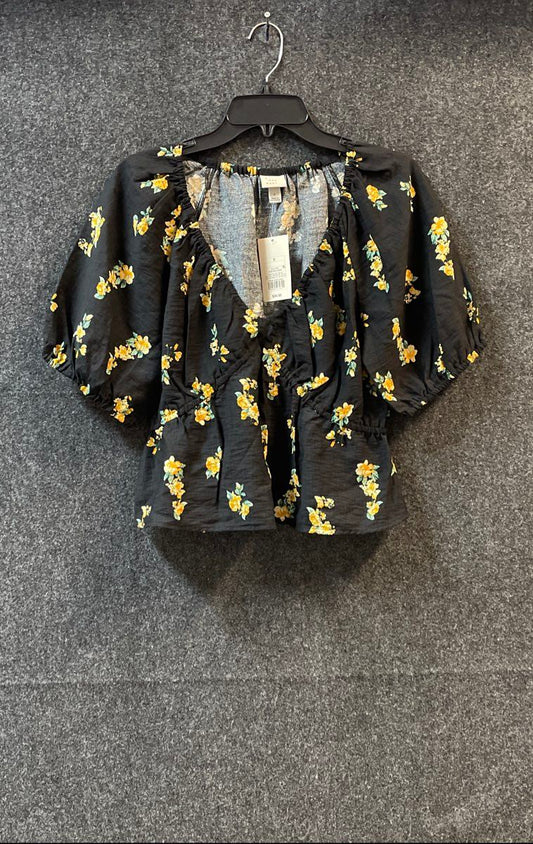 A New Day Women's Black Floral Puff Sleeve Peplum Blouse V-Neck Top NWT Sz S