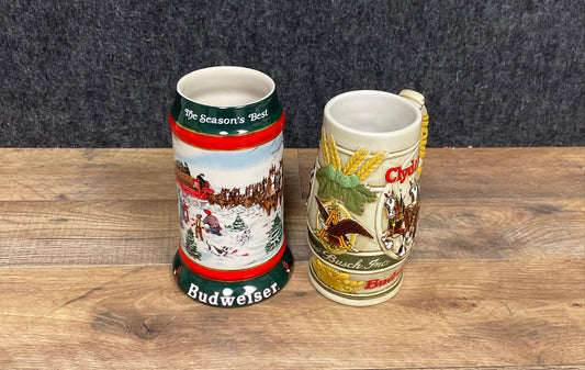 Lot 2 Vintage Budweiser Clydesdales Mugs 1991 Christmas Collector's Stein