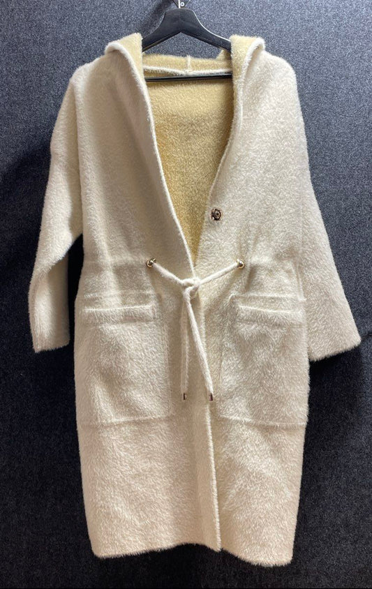 Women's Beige Fuzzy Eyelash Knit Hooded Cardigan Coat Drawstring Waist