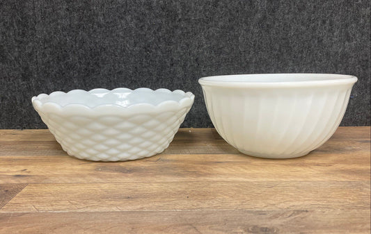 Fire-King Milk Glass Bowls Lot 2 Swirl & Kimberly Diamond Point Anchor Hocking