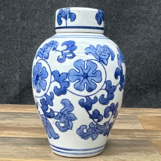 Vintage Style Blue White Floral Ceramic Ginger Jar with Lid 8.5" Home Decor