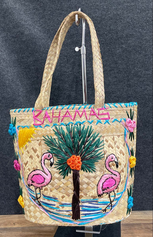 Vintage 80s B.E.M. Wood Design Bahamas Straw Tote Bag Flamingo Palm Tree COA