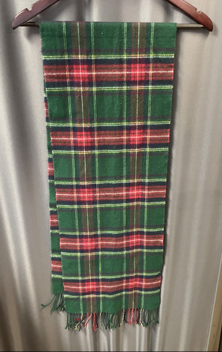 Vintage 90s 100% Cashmere Scarf Made in Scotland Green Red Tartan Plaid Fringed