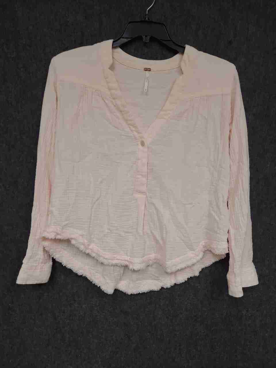 Free People Women's Pink Gauze Henley Long Sleeve Raw Hem Blouse Size XS