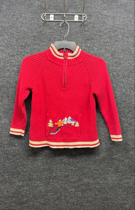 Talbots Kids Red Ribbed Cotton Quarter Zip Skier Graphic Sweater Sz 7