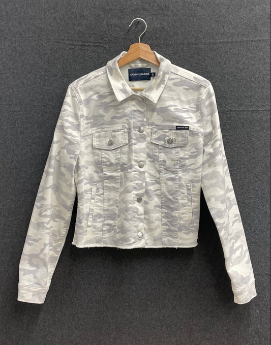 Calvin Klein Jeans Women's Grey White Camo Denim Jacket Raw Hem Sz L