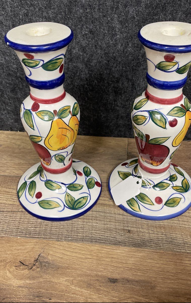 Bella Casa Ceramic Candle Holder Set Hand Painted