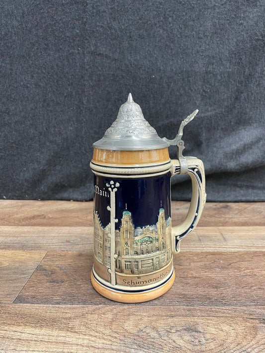 Vintage German Beer Stein Frankfurt am Main Relief Cobalt Pewter Lid Wick-Werke