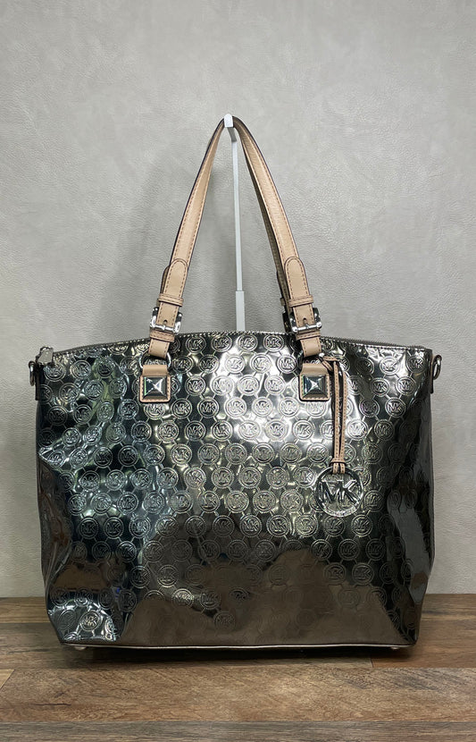 Michael Kors Metallic Silver Embossed Logo Tote Bag Large Tan Leather Handles