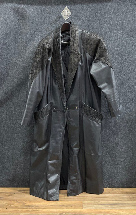 Winlit Women's Vintage 80s Black Leather Brocade Trench Coat Jacket Duster L